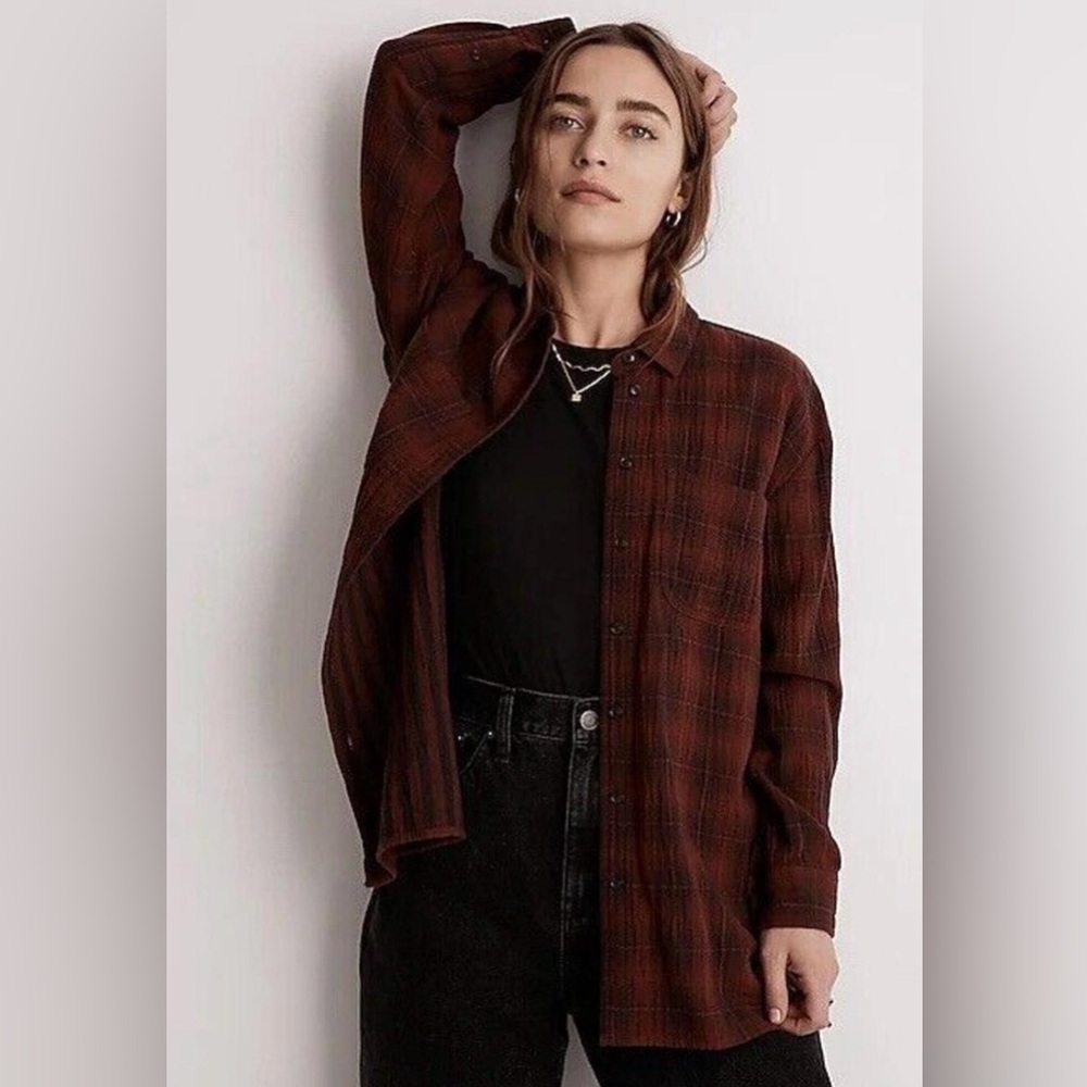 Madewell Oversized Flannel Button Down Shirt Burnished Mahogany Womens L
